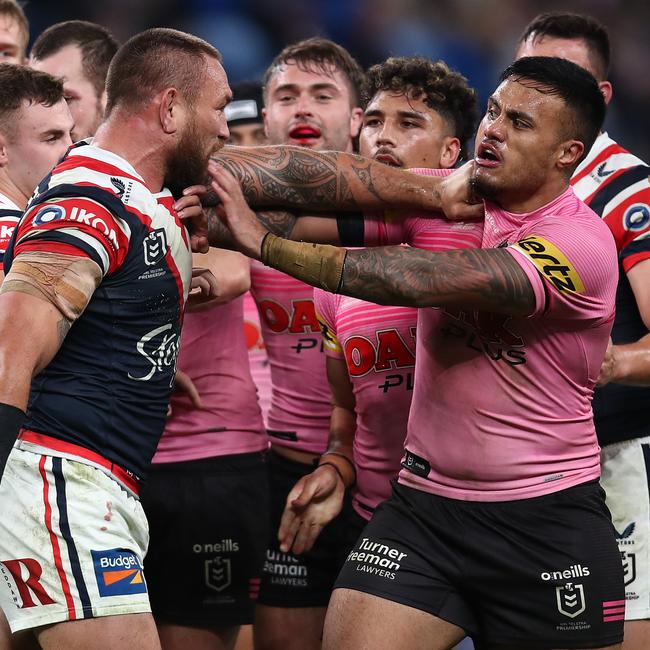 Jared Waerea-Hargreaves and Spencer Leniu come together during the game. Picture: Jason McCawley/Getty