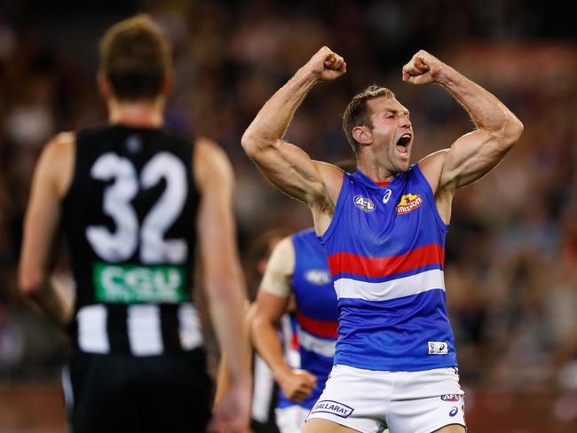 Travis Cloke celebrates his first goal as a Bulldog against his former side Collingwood this year. Picture: Adam Trafford/AFL Media/Getty Images