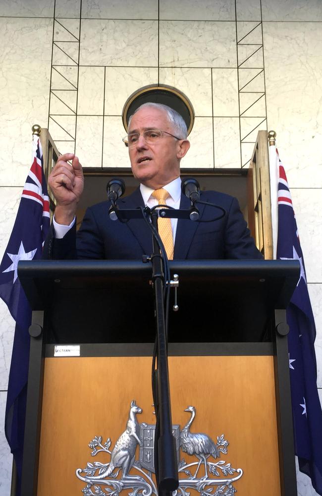 Display of decisiveness: Malcolm Turnbull speaks to the media during a press conference at Parliament House in Canberra this morning. Picture: AAP Image/Lukas Coch