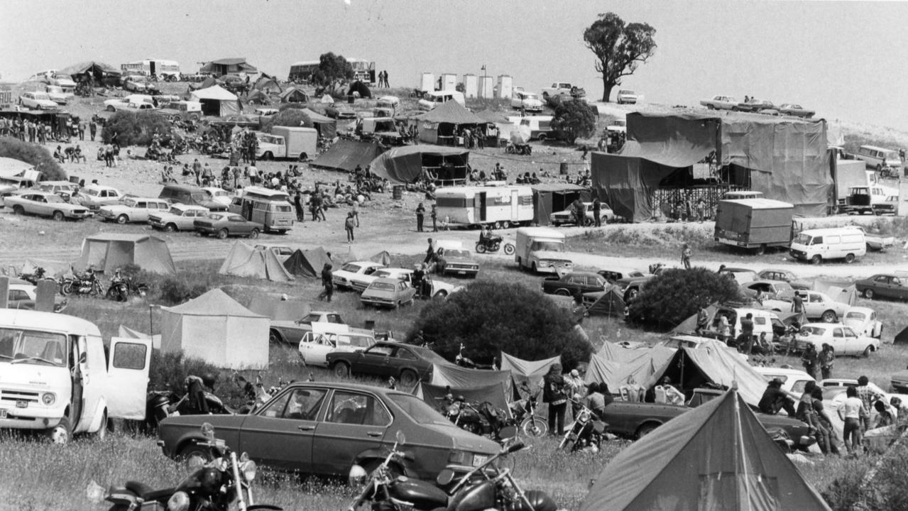 Music fans' camp site at Ponde rock music festival, held by the Hell's Angels Motorcycle Club in Ponde near Mannum, SA, 19 Oct 1983.