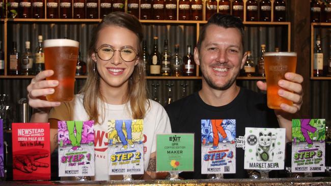 Newstead Brewing Co, which has locations in Newstead and Milton, has created a new beer for the Great Australasian Beer Spectacular (GABS) festival which is coming to Brisbane for the first time on April 27, 2019. Pictured: Staff members Chimay Attenborough and Mike Slatter. Photo: Kristy Muir