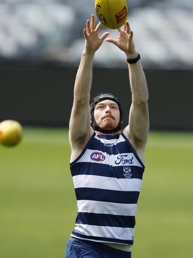 Rohan trained in a helmet after the gruesome injury. Picture: Michael Klein