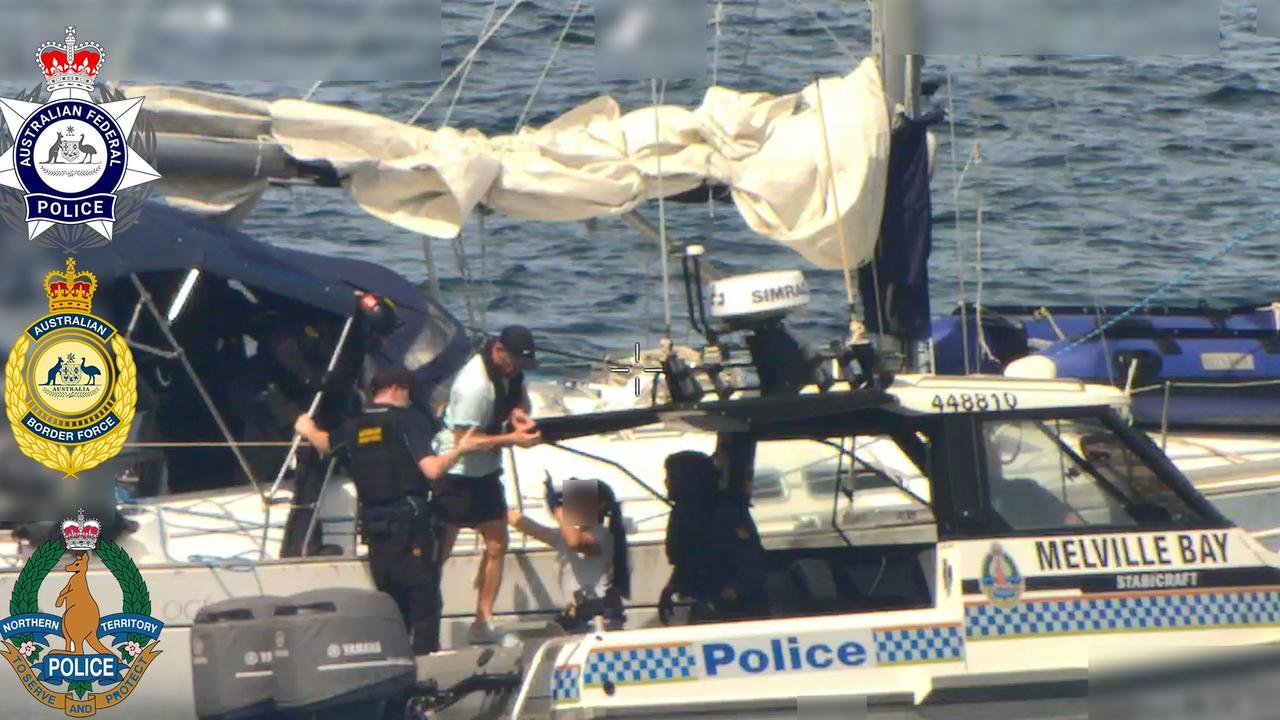 Authorities arrest fugitive Hussein Chamas and two other people aboard a yacht in the Arafura Sea, off the NT coast, on January 26, 2025. Picture: AFP