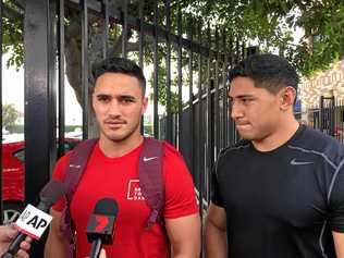 NRL players Valentine Holmes and Jason Taumalolo (right) speak to reporters in Los Angeles. Picture: MITCHELL PETER