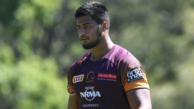 Payne Haas is seen during the Brisbane Broncos training session in Brisbane, Sunday,March 31, 2019. (AAP Image/Dave Hunt) NO ARCHIVING, EDITORIAL USE ONLY