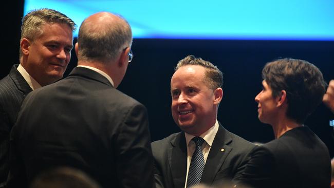 Finance Minister Mathias Cormann, Prime Minister Scott Morrison (centre) and Qantas CEO Alan Joyce (right). Picture: AAP