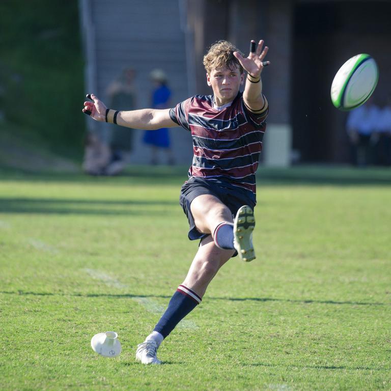 Tom Goldie has plenty of tricks up his sleeve. GPS Rugby The Southport School v Churchie at The Village Green Oval TSS. Picture: Glenn Campbell