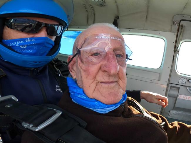 Must mention: Berkeley Vale Care Community. 91-year-old, Ray Holley, who went skydiving over Newcastle yesterday morning for the first time. Ray is a former delivery and bus driver from Tempe and Arncliffe in Sydney. He also spent six years in the Australian Navy. Owing to his age, he is now legally blind. Credit: Skydive Australia.
