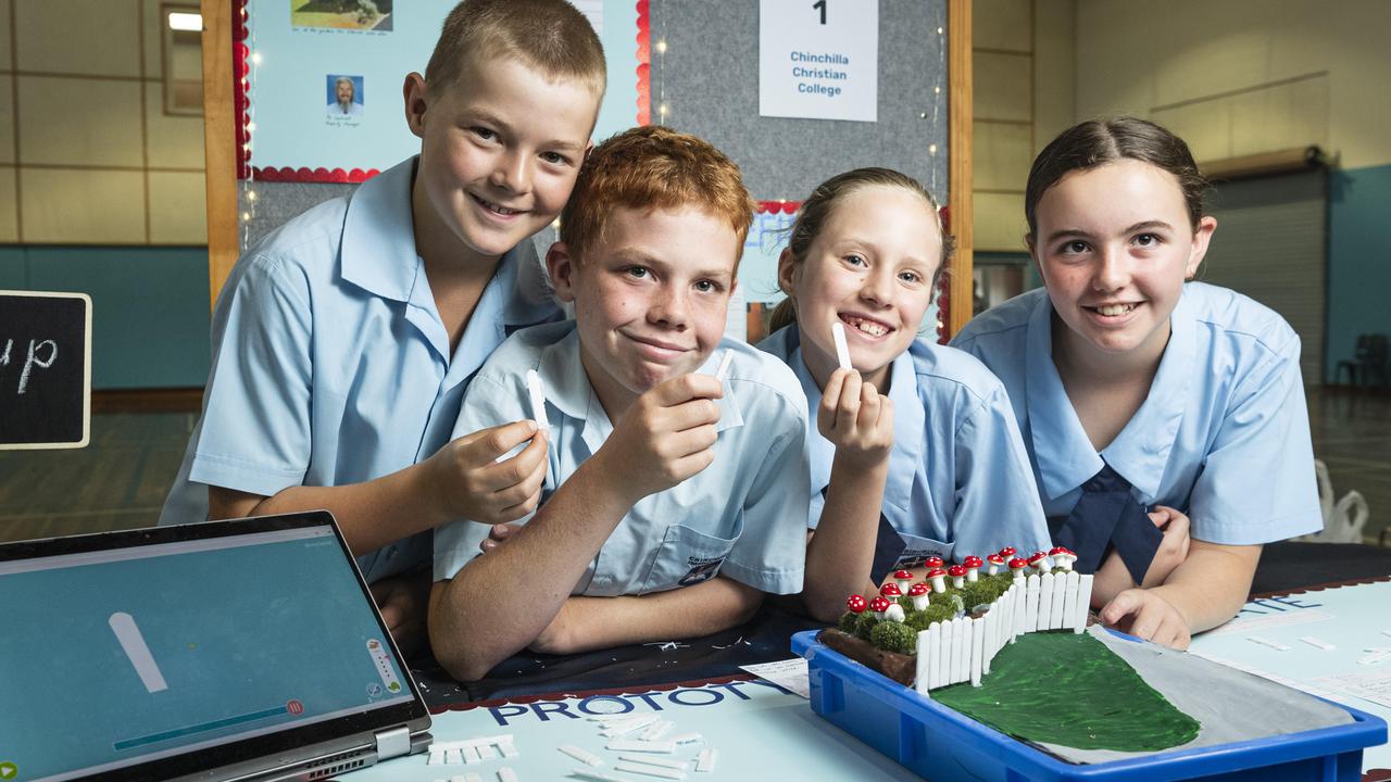 Chinchilla Christian College students (from left) William Henning, Lewis Purnell, Georgia Coggan and Stella Cusack demonstrate their picket fence project at the STEM advanced manufacturing Makers Empire schools showcase at The Salo Centre, St Ursula's College, Monday, November 4, 2024. Picture: Kevin Farmer