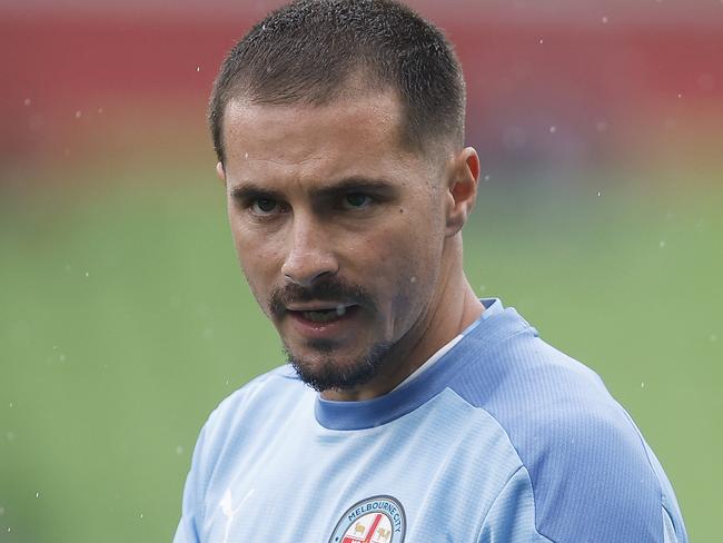 MELBOURNE, AUSTRALIA - JANUARY 07: Jamie Maclaren of Melbourne City gestures before the A-League Men round 11 match between Western United and Melbourne City at AAMI Park, on January 07, 2024, in Melbourne, Australia. (Photo by Daniel Pockett/Getty Images)