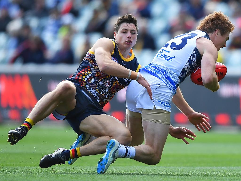 Jake Kelly is the solution to one of the Dons’ biggest problems — stopping mid-sized forwards. Picture: Getty Images