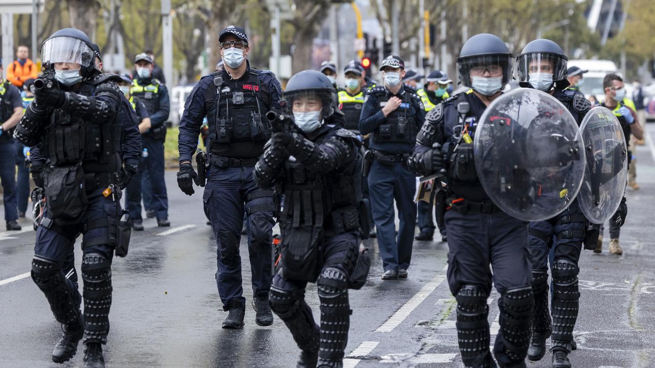 Police were out in force at the protests today. Picture: NCA NewsWire / David Geraghty