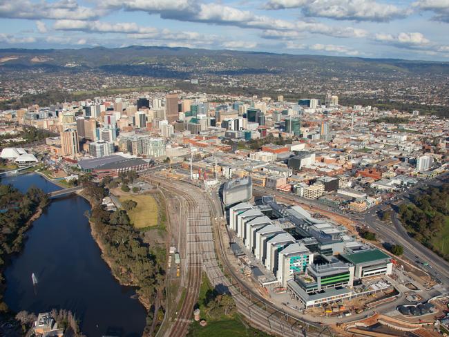 An aerial photo of the new Royal Adelaide Hospital shows its size in relation to the rest of the city. Picture: Ethan Rohloff