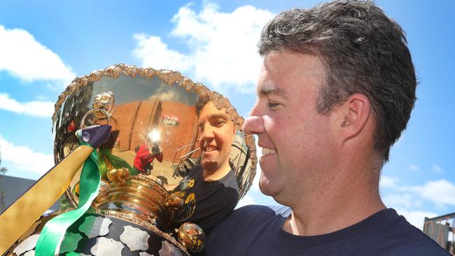 SANFL Chimney unveiling ceremony at the Brickworks, with the 2021 Premiers, Coach Jade Sheedy and the Premiership Cup. Picture Dean Martin