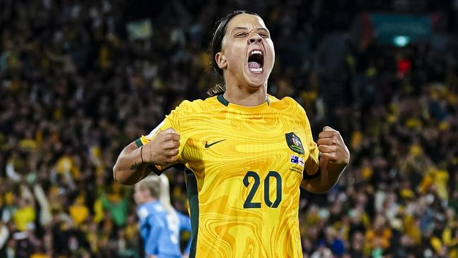 Sam Kerr celebrates after scoring a goal against England in the Matildas’ defeat on Wednesday night. (Photo by Daniela Porcelli/Eurasia Sport Images/Getty Images)