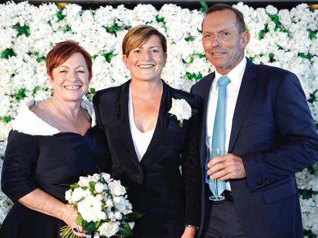 Tony Abbott at sister Christine Forster's wedding with wife Virginia. Picture: Supplied