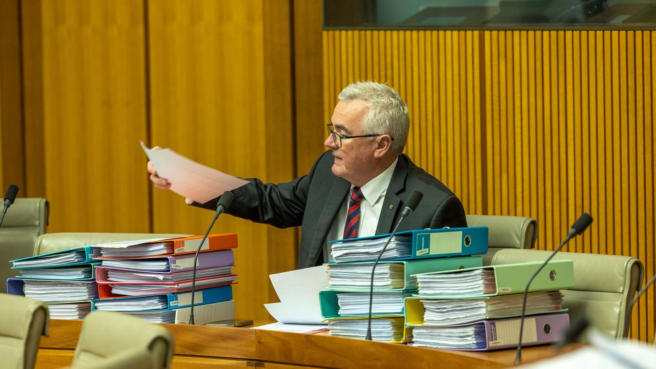 Andrew Wilkie in the Federation Room with the thousands of documents. Picture: NCA NewsWire / Gary Ramage