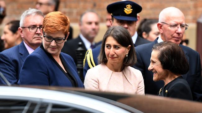 Federal Minister for Defence Marrise Paine (left) and NSW Premier Gladys Berejiklian with Marie Bashir following the State Funeral. Picture: AAP/Dean Lewins