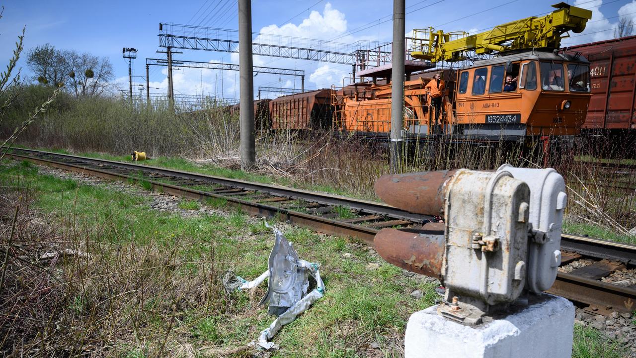 Shards of twisted metal from a Russian rocket are seen in undergrowth near a train line on April 25, 2022 near Lviv, Ukraine. Picture: Leon Neal/Getty Images