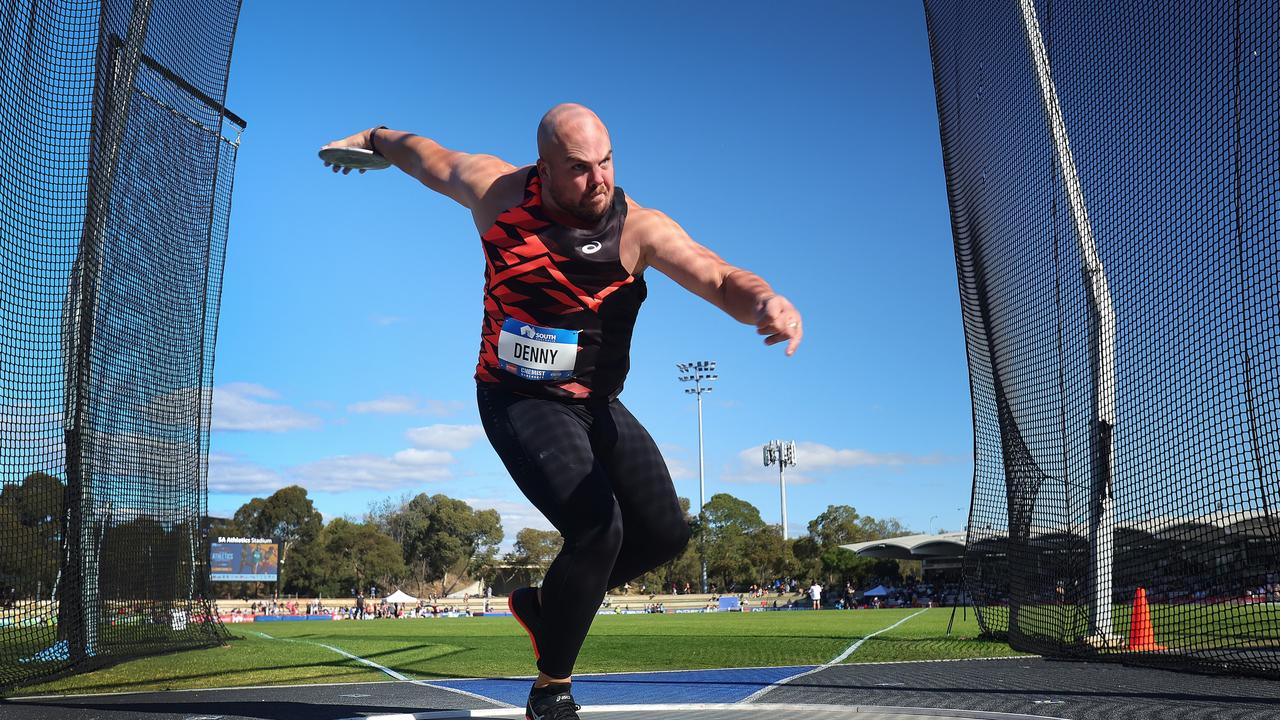 Matthew Denny of QLD warms up for the Mens Discus throw during the 2024 Australian Athletics Championships. Picture: Getty Images