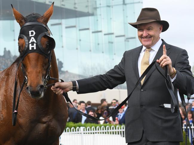 Winning trainer David Hayes with Boom Time. Picture: Getty Images