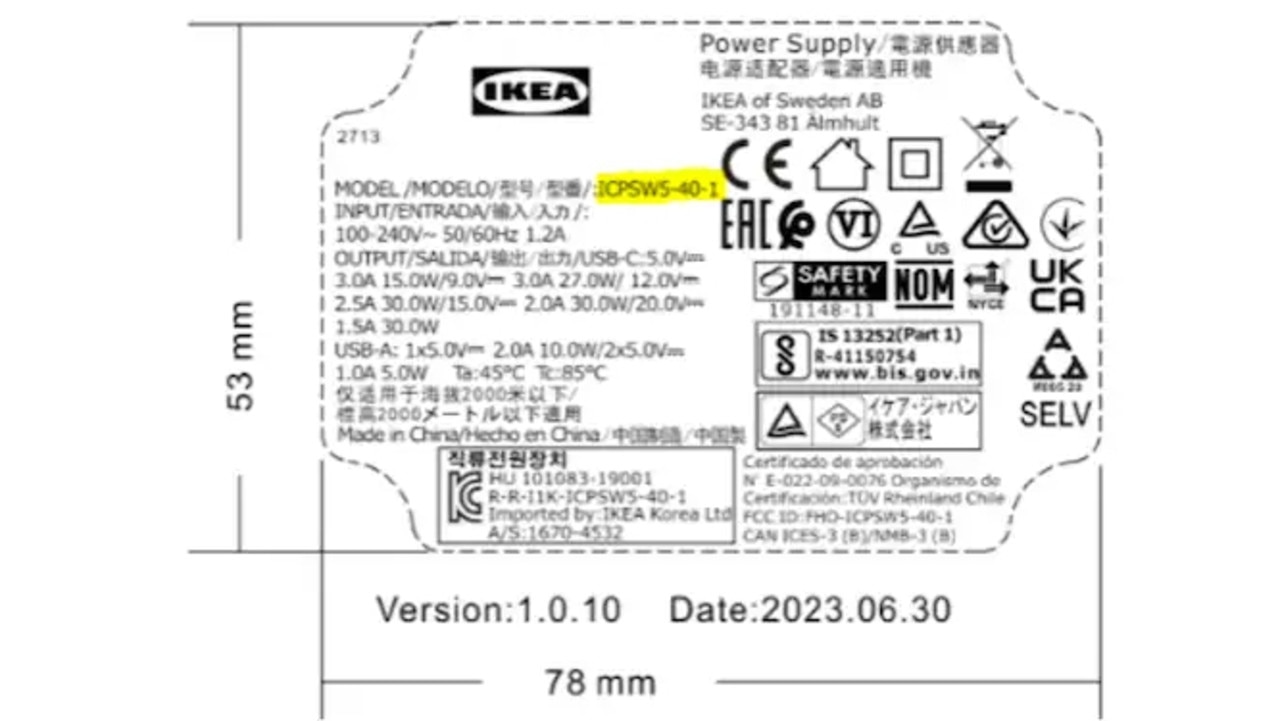 The affected chargers bear the model number ICPSW5-40-1. Picture: Ikea