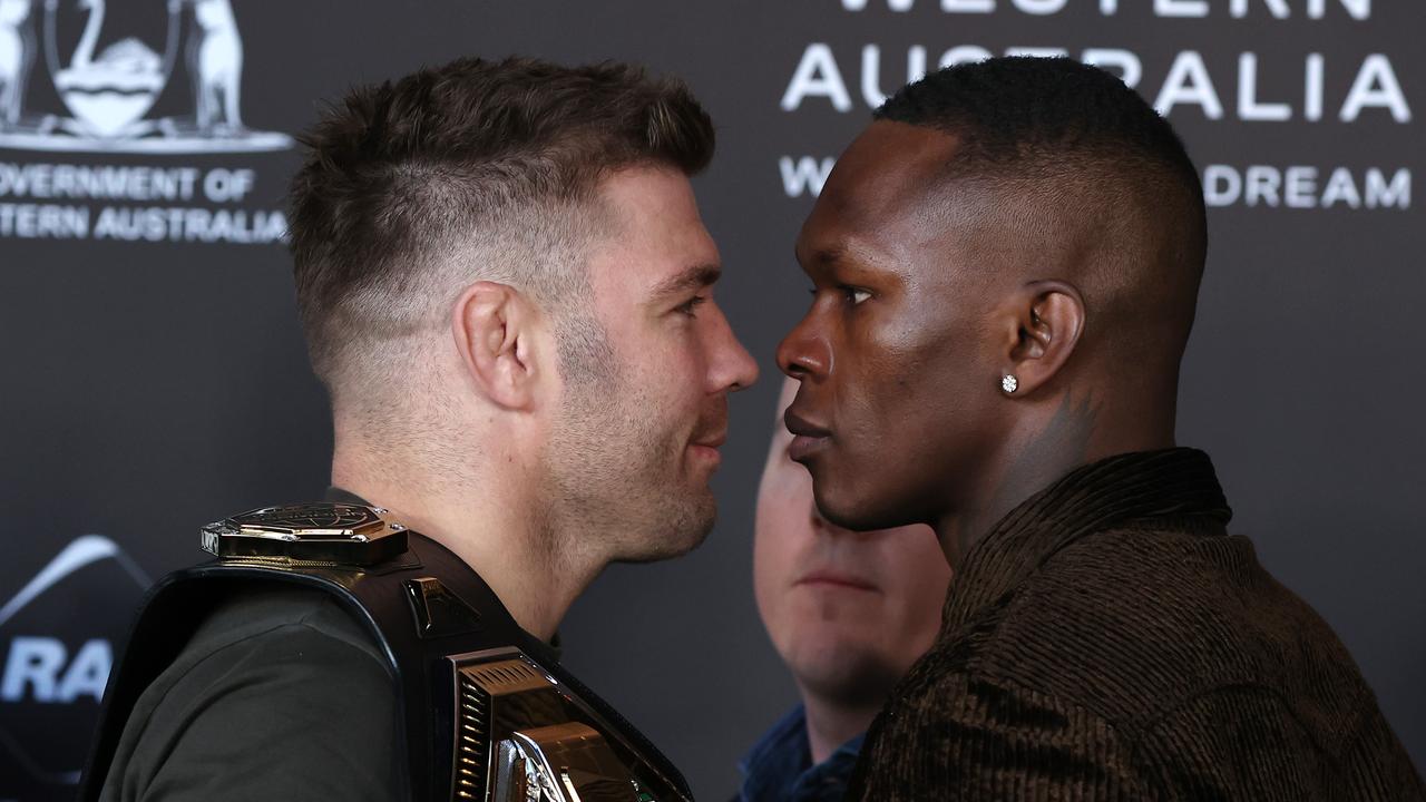 Dricus du Plessis and Israel Adesanya face-off. Picture: Getty Images