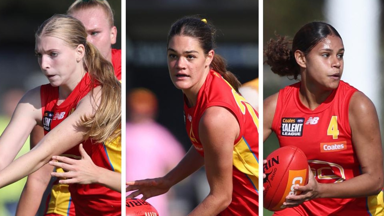 Sunny Lappin, Georja Davies and Heidi Talbot of the Suns. Pictures: Rob Lawson/AFL Photos.