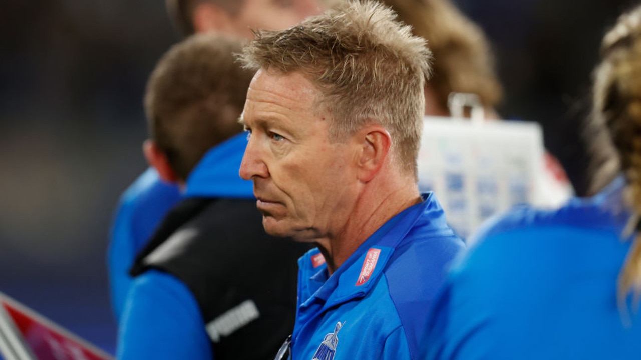 MELBOURNE, AUSTRALIA - JUNE 12: David Noble, Senior Coach of the Kangaroos looks on during the 2022 AFL Round 13 match between the North Melbourne Kangaroos and the GWS Giants at Marvel Stadium on June 12, 2022 in Melbourne, Australia. (Photo by Michael Willson/AFL Photos via Getty Images)