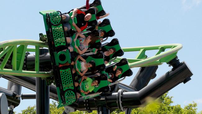 Movie World’s popular Green Lantern ride in action this week. Picture: Mike Batterham