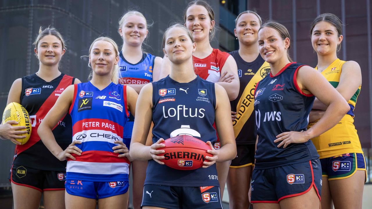 SANFLW rising stars, from left, Emma Kilpatrick (West Adelaide), Mikaylah Antony (Central District), Monique Bessen (Sturt), Lily Baxter (South Adelaide), Polly Turner (North Adelaide), Kiahni Russell (Glenelg), Candice Belbin (Norwood) and Lucy Moore (Eagles). Picture: Kelly Barnes