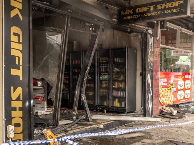 A crime scene has been established after a High Street, Preston tobacco shop was ravaged by flames overnight. Picture: Jake Nowakowski
