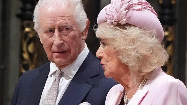 Britain's King Charles III (L) and Britain's Queen Camilla (R) attend the annual Commonwealth Day service ceremony at Westminster Abbey in London, on March 10, 2025 . (Photo by Aaron Chown / POOL / AFP)