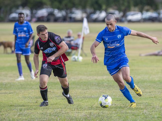 Joshua Crestani, Stanthorpe and Maysar Qaso, Rockville. Rockville vs Stanthorpe United. TFL men round 12. Sunday. 20th Sep 2020