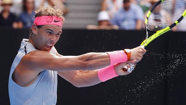 Rafael Nadal in full flow against Diego Schwartzman on Rod Laver Arena yesterday. Picture: Michael Klein