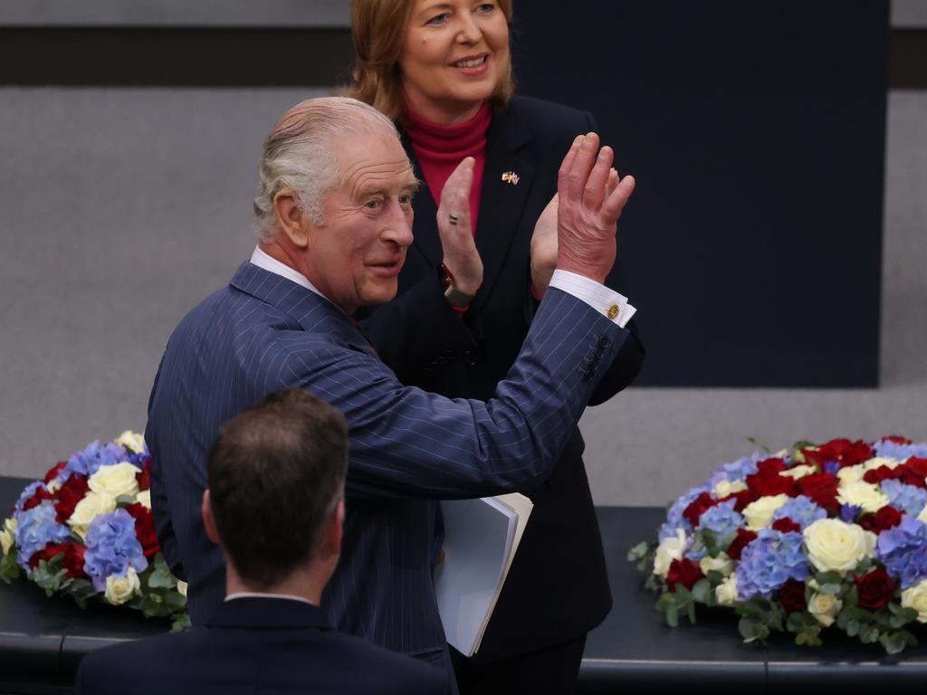 King Charles waves after his speech. Picture: Getty Images