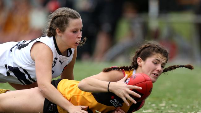 Grace Chapman battles it out on the ground for the Dandenong Stingrays against the Knights. Picture: Stuart Milligan