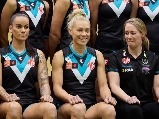 Arnell (right) shares a joke with star recruits Erin Phillips and Gemma Houghton on Port’s team photo day. Picture: Matt Loxton