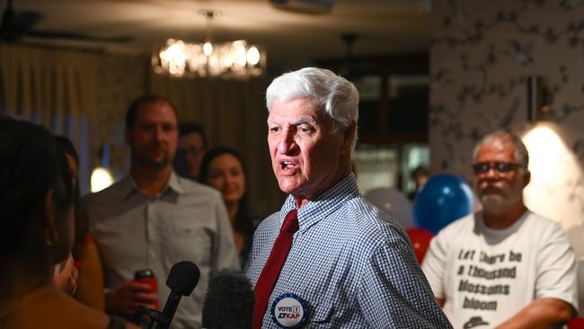 2025 Federal Election Katter Party. Post polling day Katter Party members at Jam Restaurant in Townsville as the count begins. Bob Katter talking to media. Picture: Scott Radford-Chisholm
