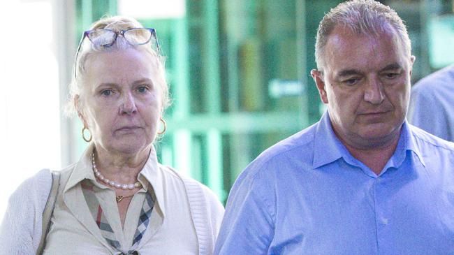 Yolanda Maria Borucki leaving Brisbane Magistrates Court, supported by her husband Victor. Picture: NewsWire / Glenn Campbell