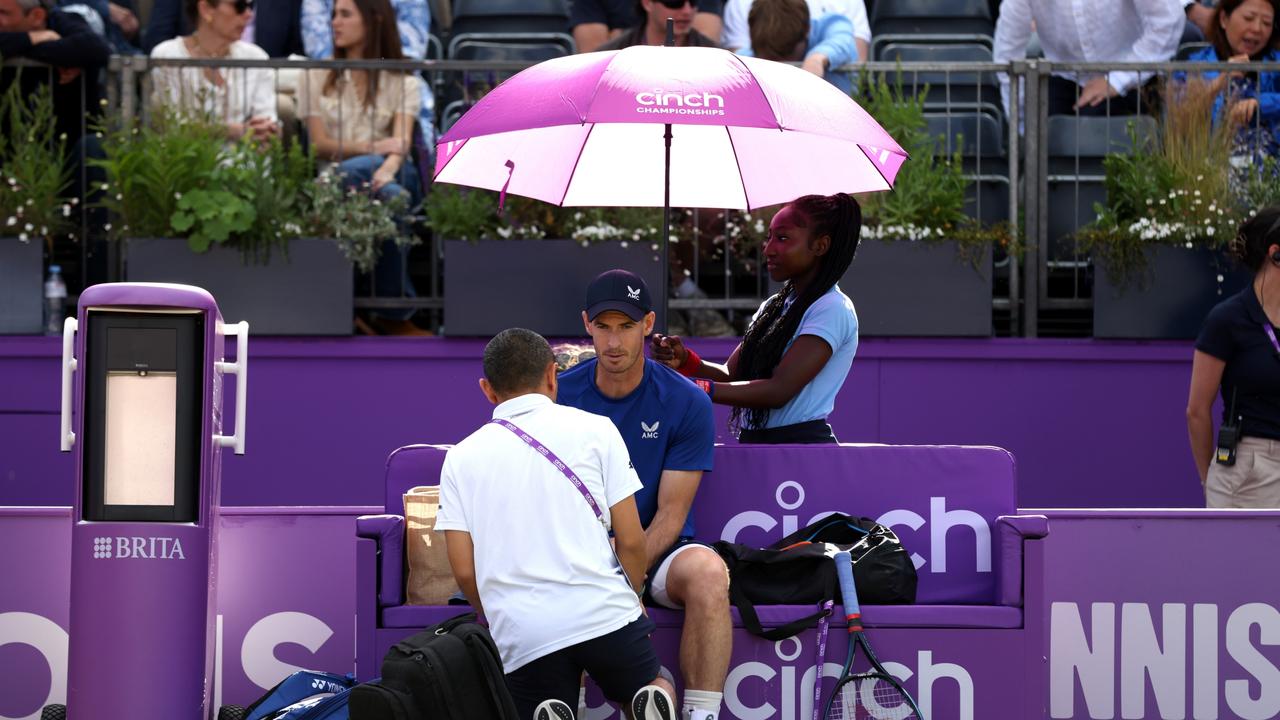Andy Murray of Great Britain has a medical time out against Jordan Thompson. (Photo by Luke Walker/Getty Images for LTA)