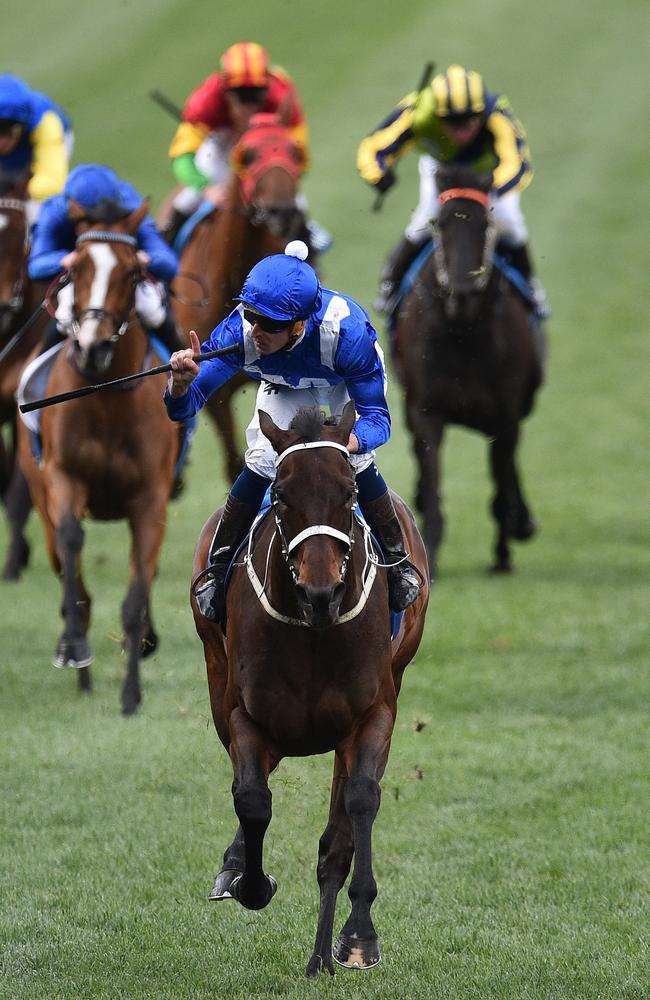 Winx and her breathtaking win in last year’s Cox Plate. Picture: AAP