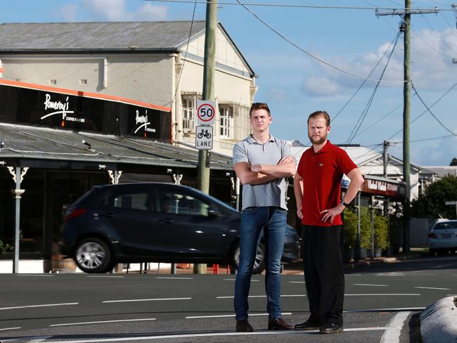 Rhubarb Rhubarb restaurant owners <a href="http://www.couriermail.com.au/news/queensland/bike-path-blow-to-shop-owners-in-brisbanes-wooloowin/news-story/550fcb9a1837675476660c130fb50239" title="www.couriermail.com.au">Thomas Allan (left) and Josh Gamble</a> say they will be affected too.