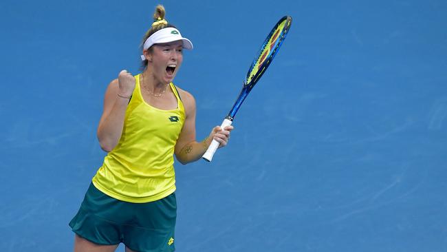 Storm Sanders celebrates after defeating Yuliya Hatouka of Belarus. Picture: AFP.