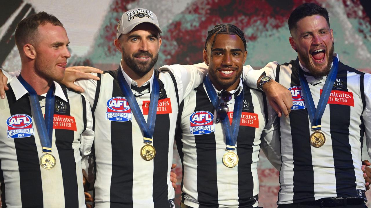 Tom Mitchell, Steele Sidebottom, Isaac Quaynor and Jack Crisp at Collingwood HQ. Picture: Getty Images