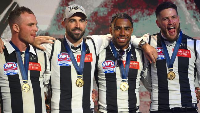 Tom Mitchell, Steele Sidebottom, Isaac Quaynor and Jack Crisp at Collingwood HQ. Picture: Getty Images