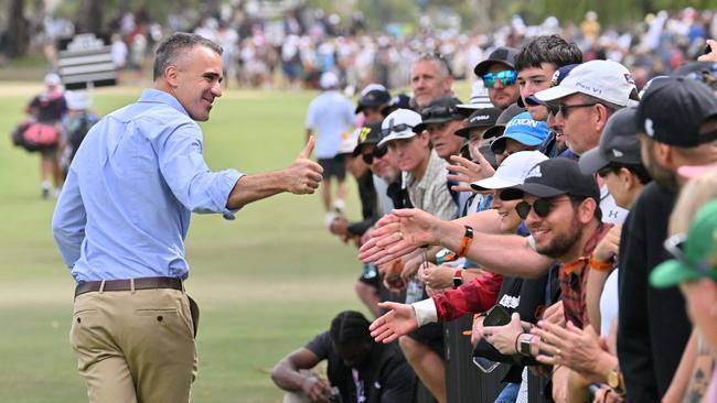 South Australia's Premier Peter Malinauskas greets spectators after securing the tournament until 2031 during the final day of the LIV Golf Adelaide at the Grange Golf Club in Adelaide. Picture: Brenton Edwards