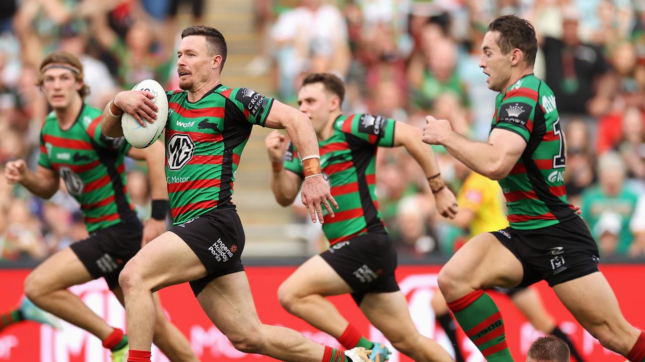 Damien Cook scored three tries for the Rabbitohs against the Bulldogs. Picture: Cameron Spencer/Getty Images