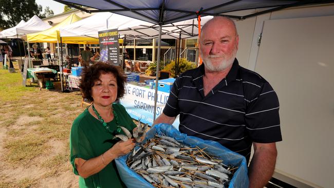 Chef Rosa Mitchell with sardine fisherman Phil McAdam at the Slow Fish festival to protest the Andrews government's decision to end net fishing. Picture: Stuart McEvoy