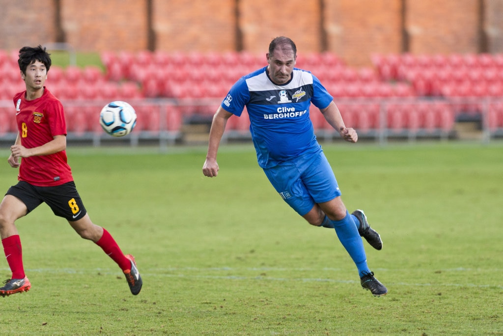 Paul Mikula attempts to score off a header for South West Queensland Thunder against Sunshine Coast Fire in NPL Queensland men round nine football at Clive Berghofer Stadium, Saturday, March 30, 2019. Picture: Kevin Farmer